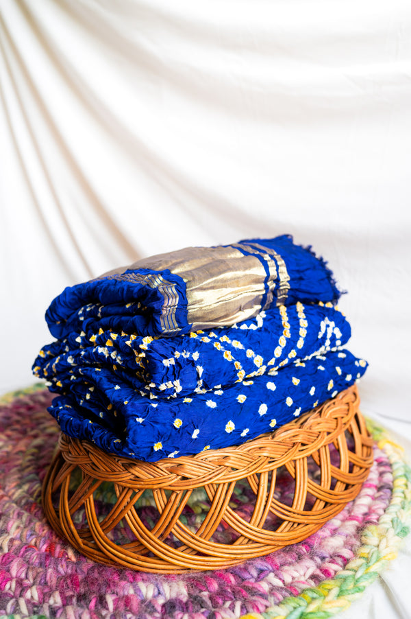 Blue Modal Silk Handmade Bhandhej Suit Set