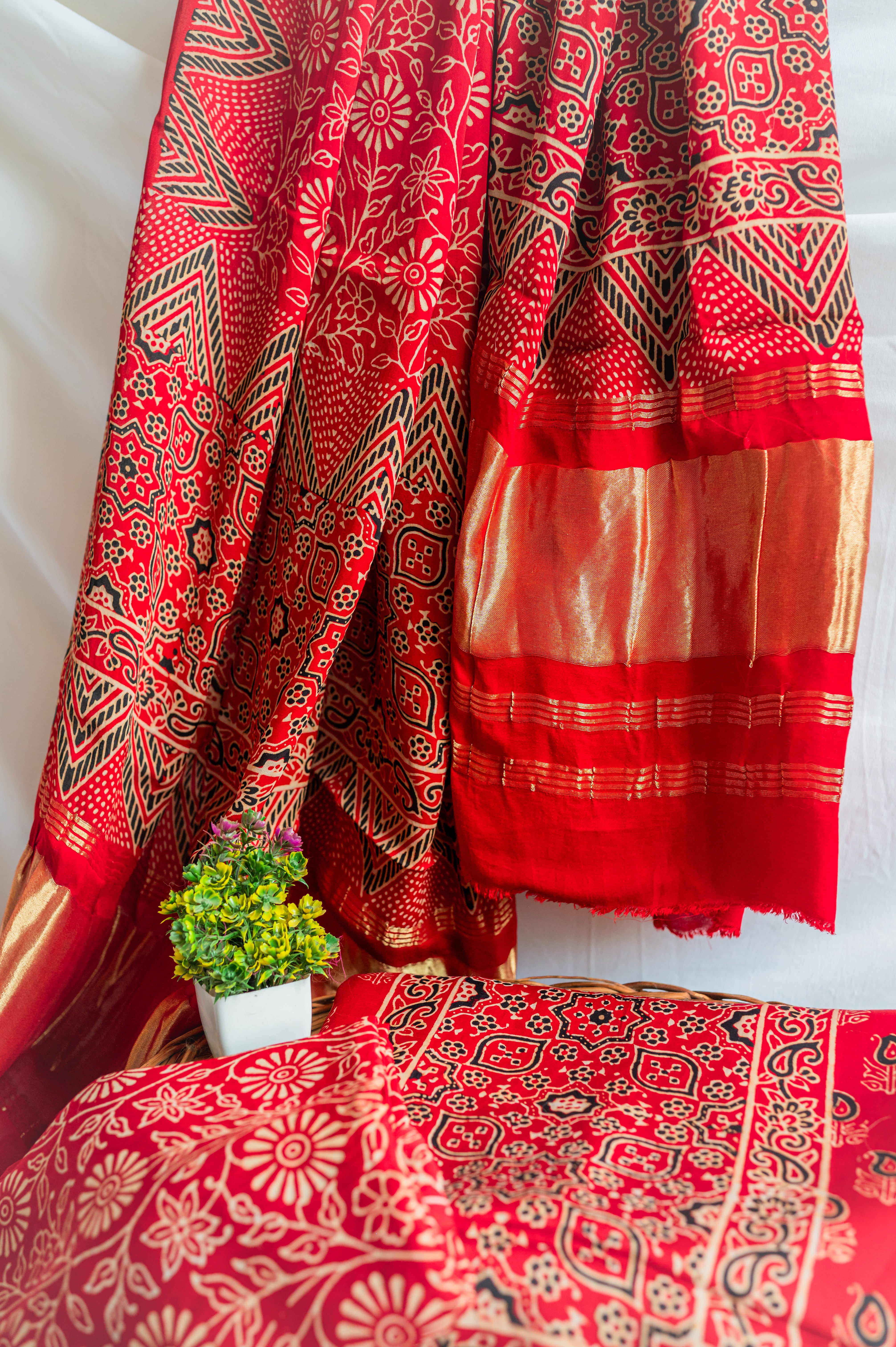 Red Modal Silk Ajarakh Suit Set