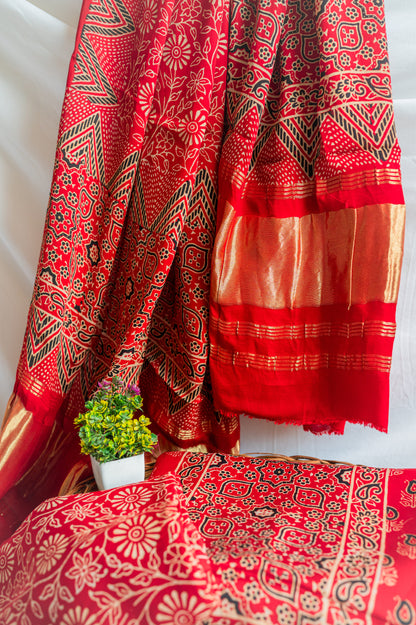 Red Modal Silk Ajarakh Suit Set