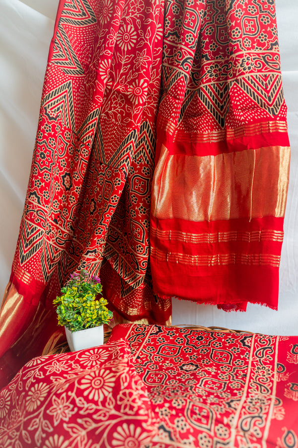 Red Modal Silk Ajarakh Suit Set