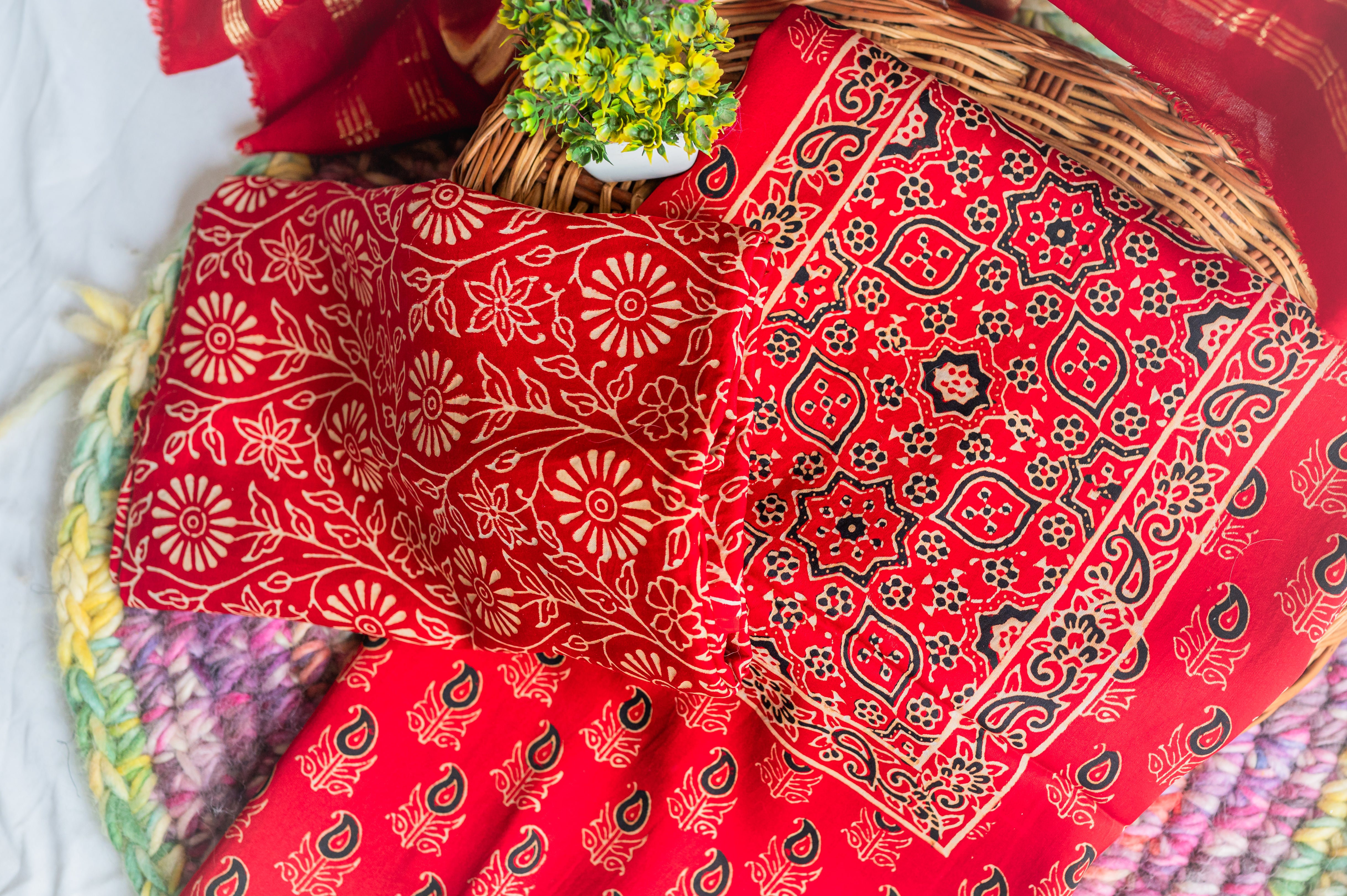 Red Modal Silk Ajarakh Suit Set