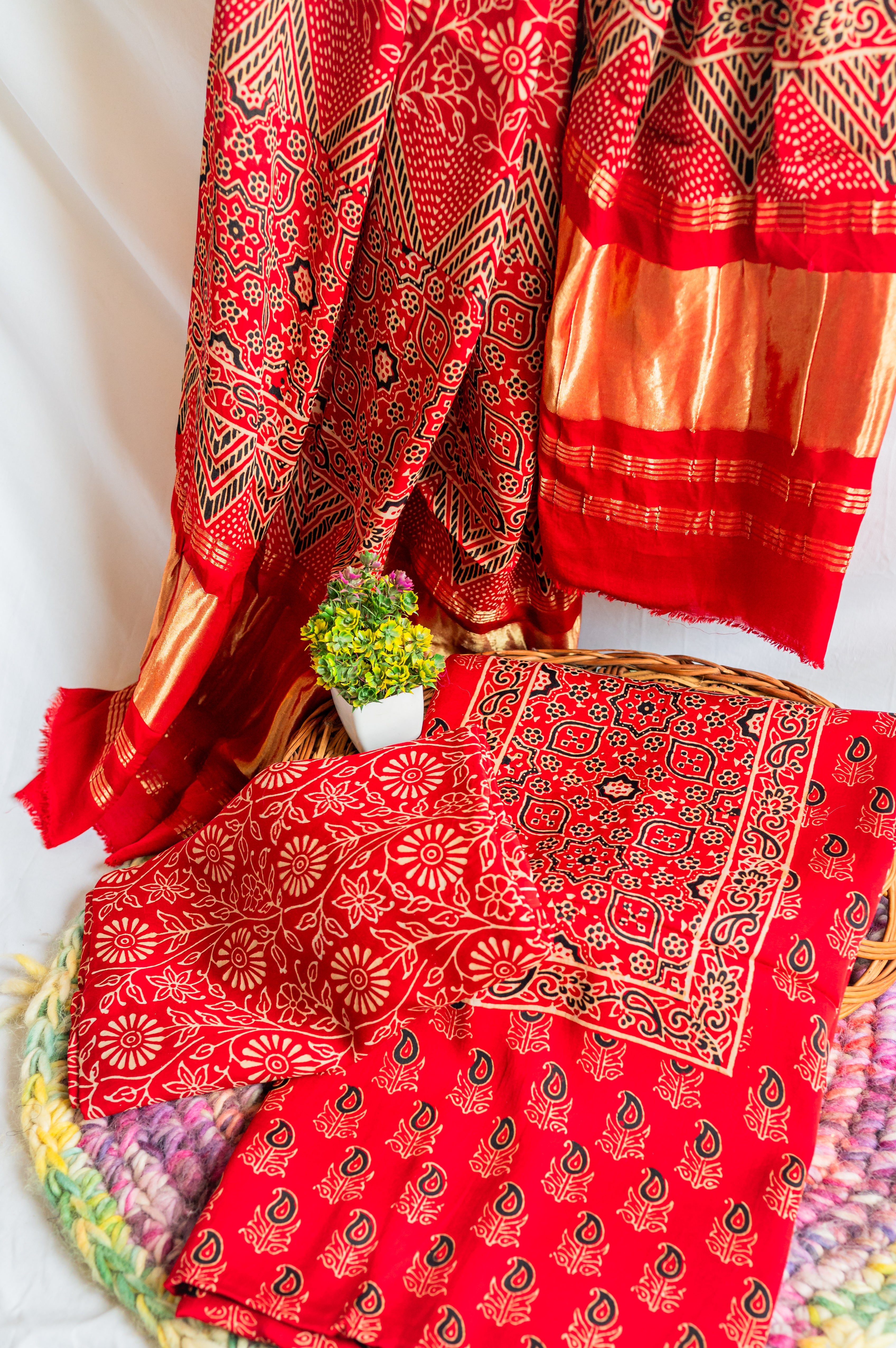 Red Modal Silk Ajarakh Suit Set