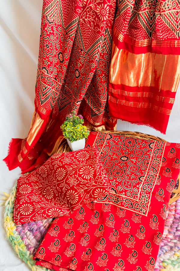 Red Modal Silk Ajarakh Suit Set
