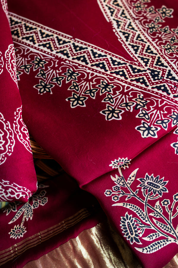 Maroon Modal Silk Ajarakh Suit Set