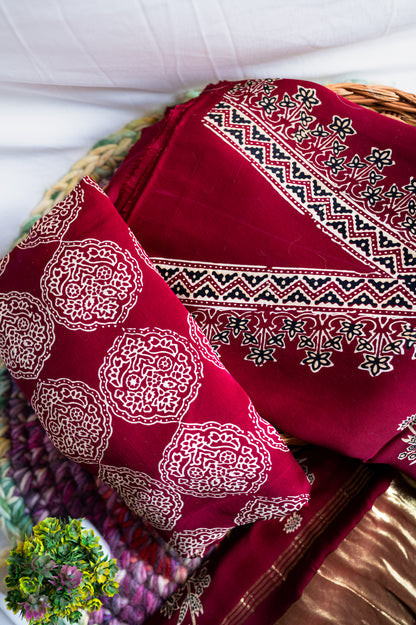 Maroon Modal Silk Ajarakh Suit Set
