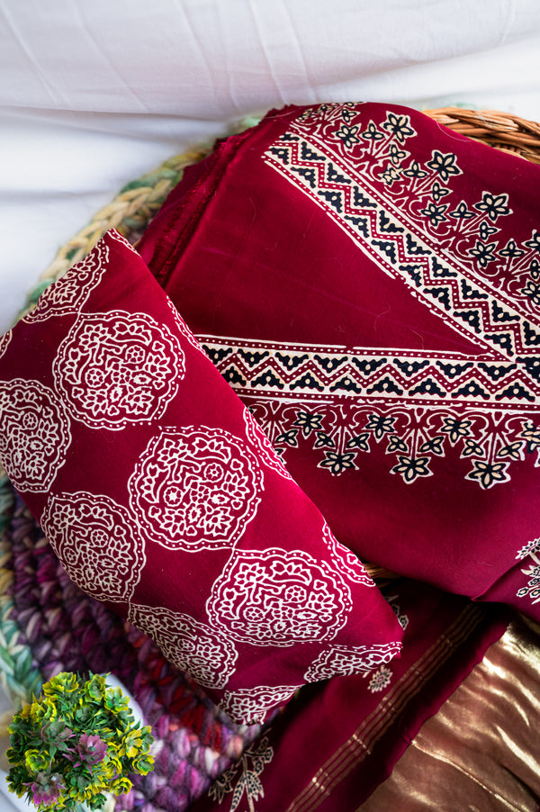 Maroon Modal Silk Ajarakh Suit Set