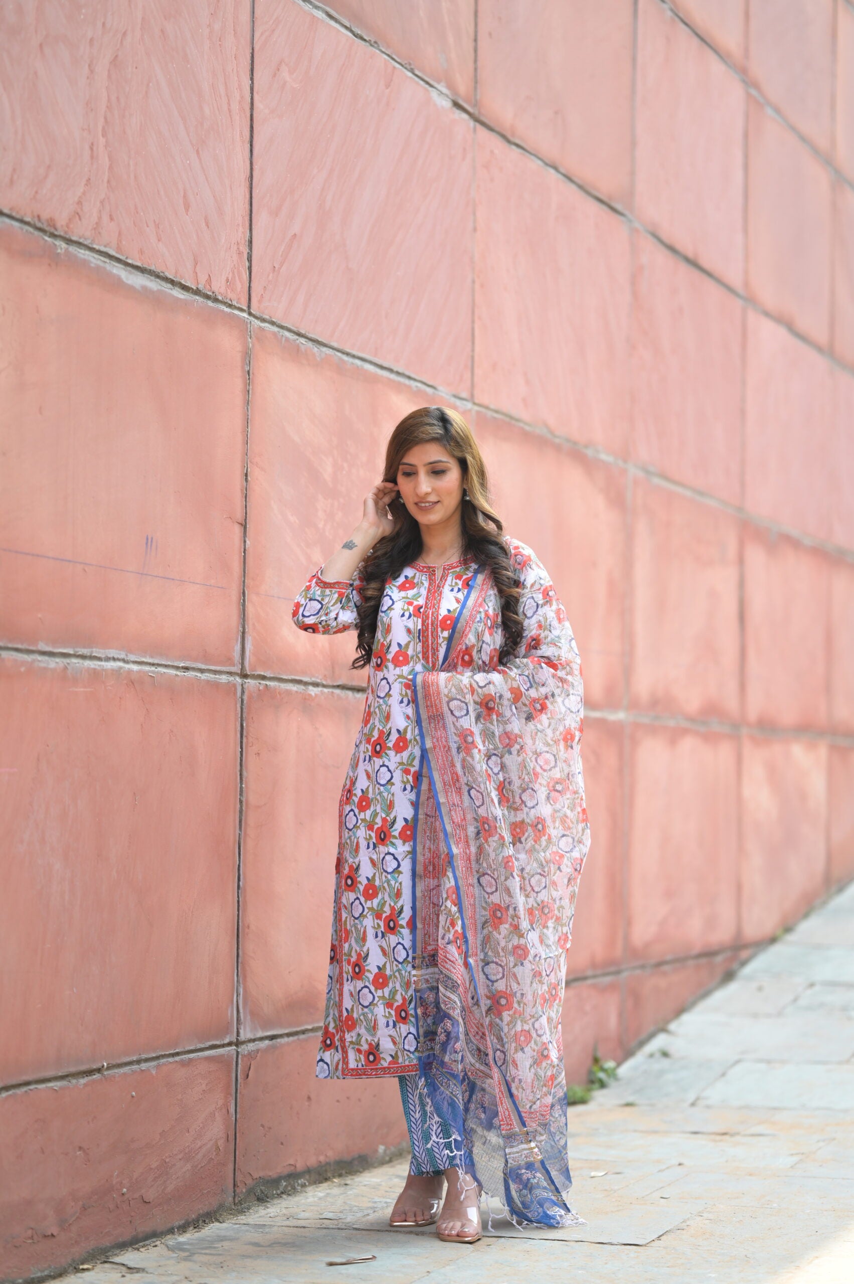 Floral Print Cotton Kurta Set With Dupatta