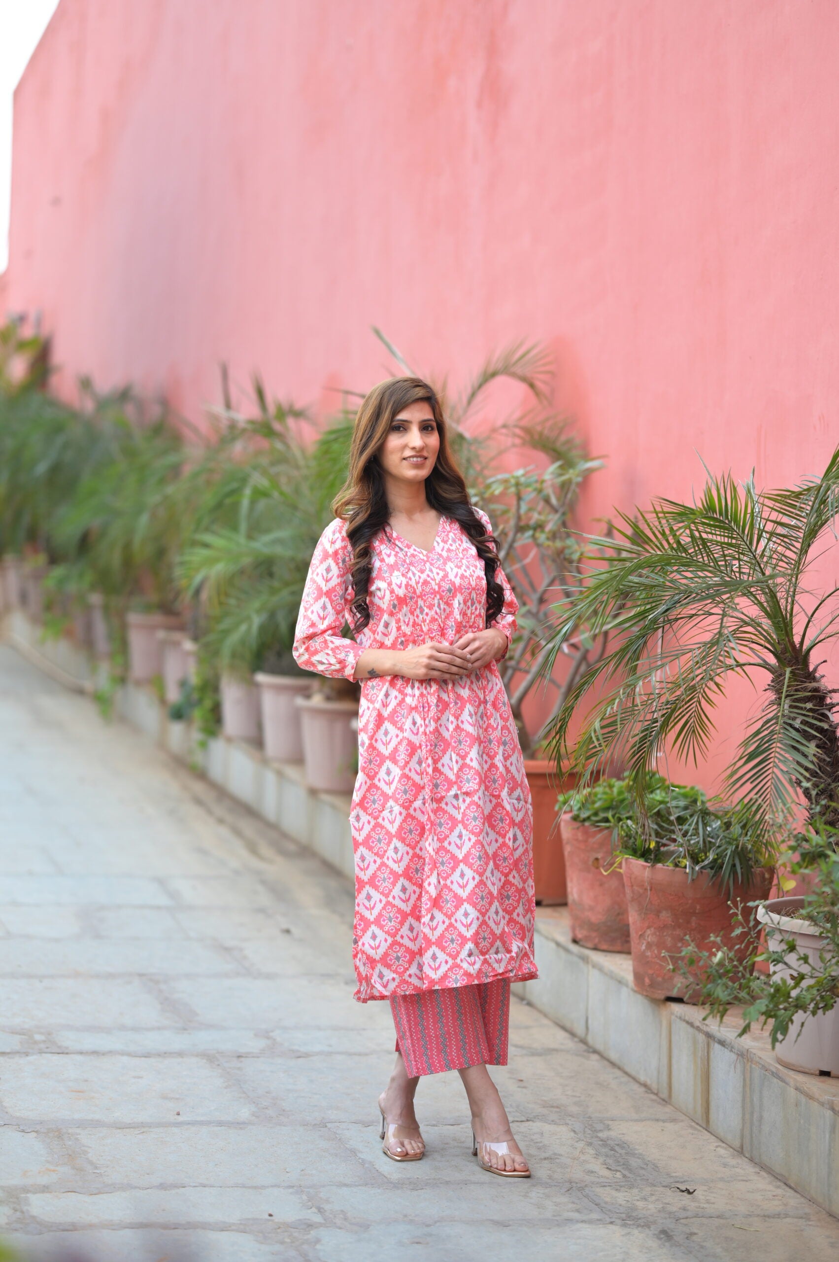 Pink Printed Cotton Kurta Pant set