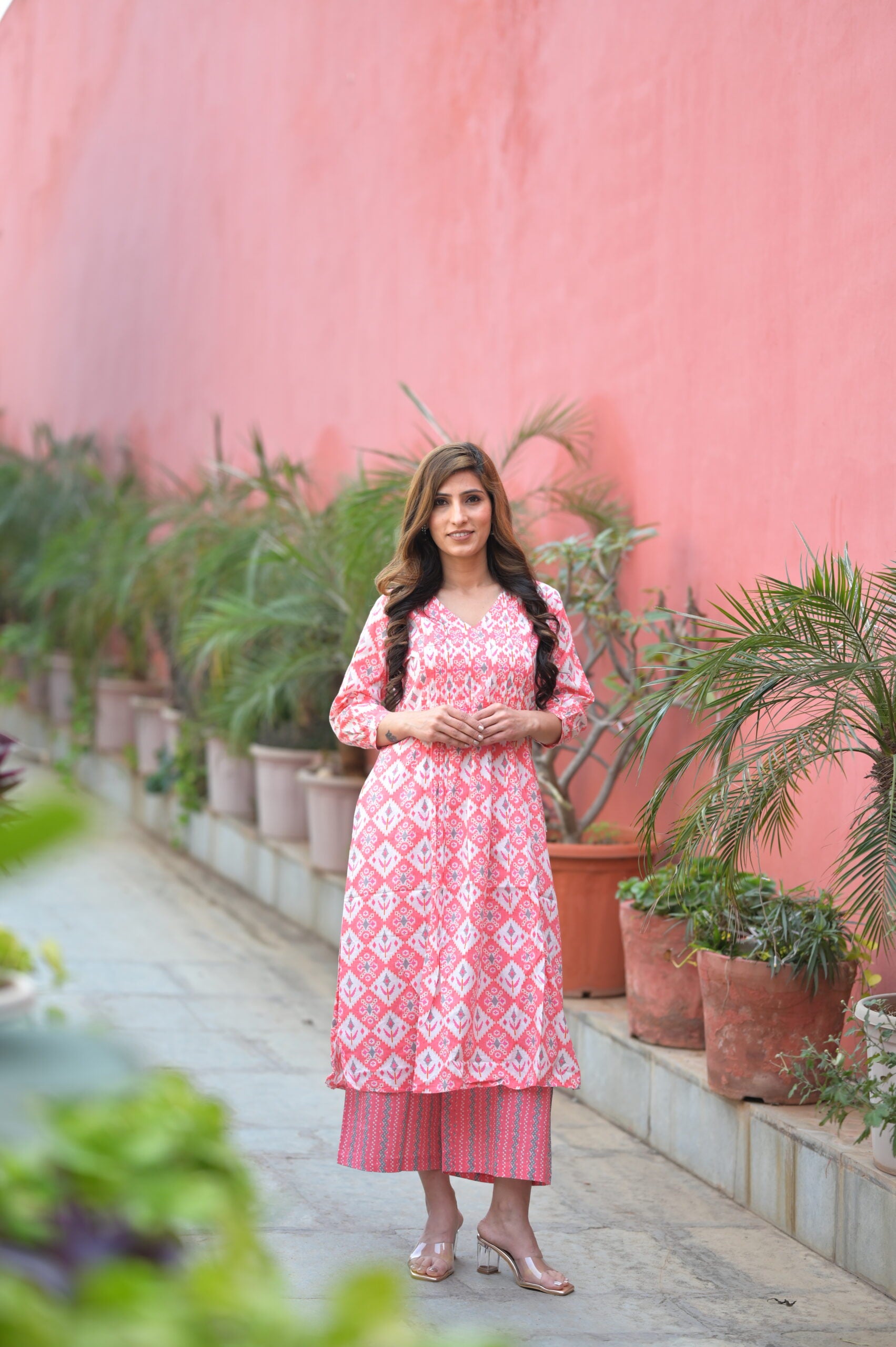 Pink Printed Cotton Kurta Pant set