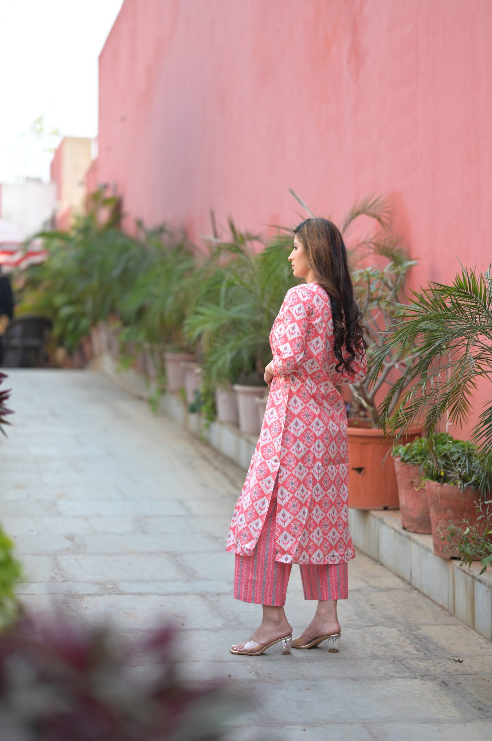 Pink Printed Cotton Kurta Pant set