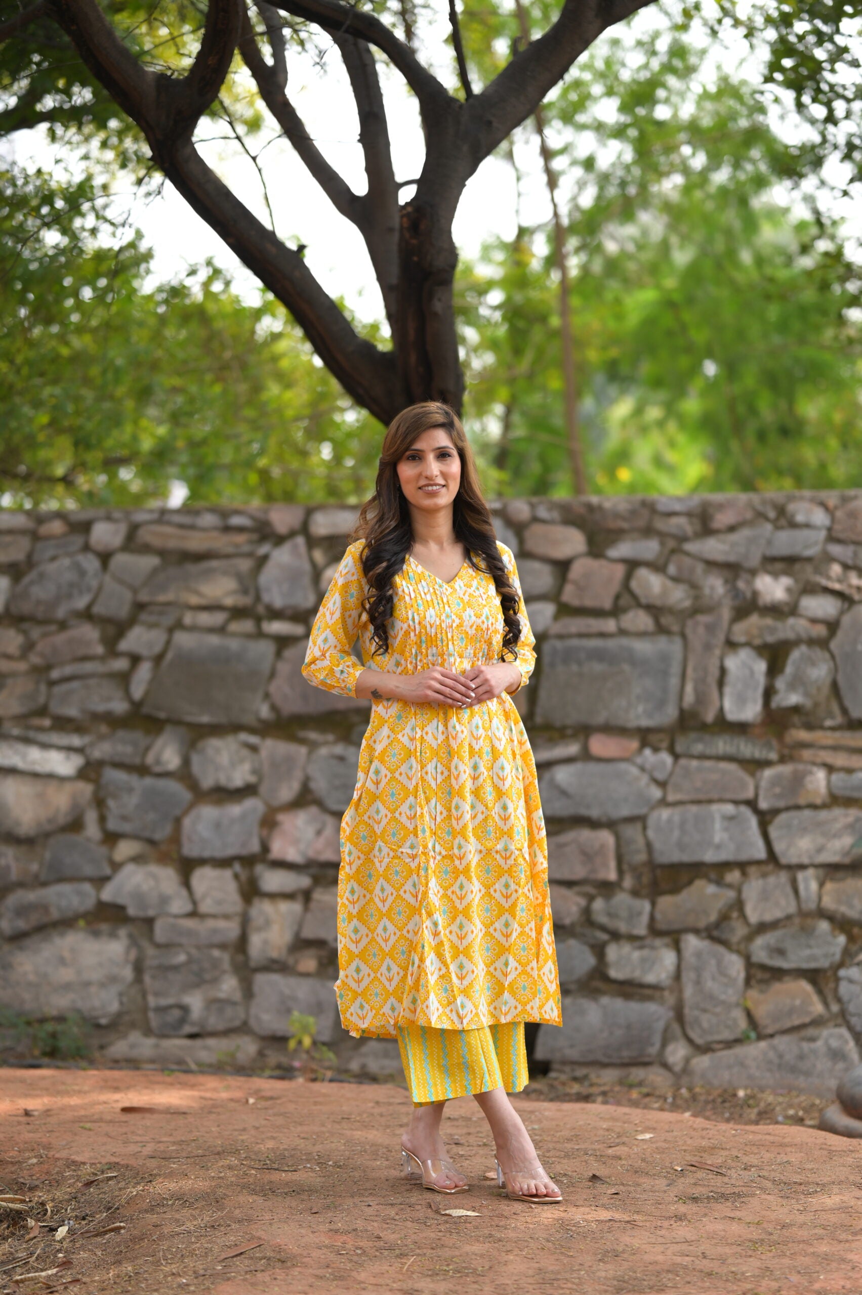 Yellow Print cotton Kurta Pant set