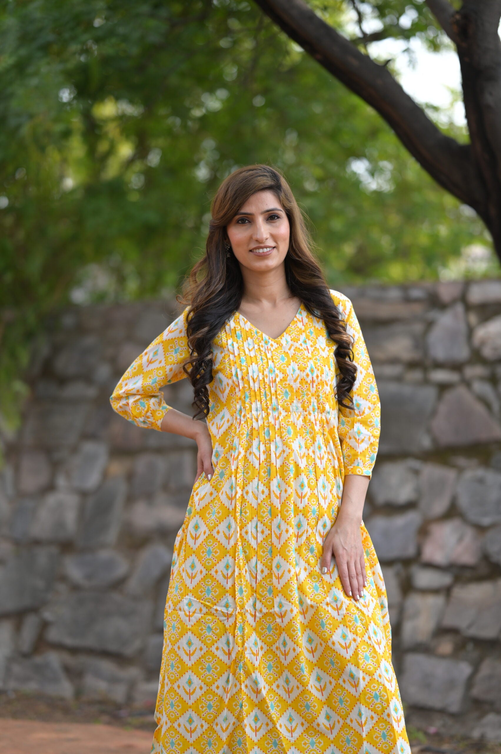 Yellow Print cotton Kurta Pant set