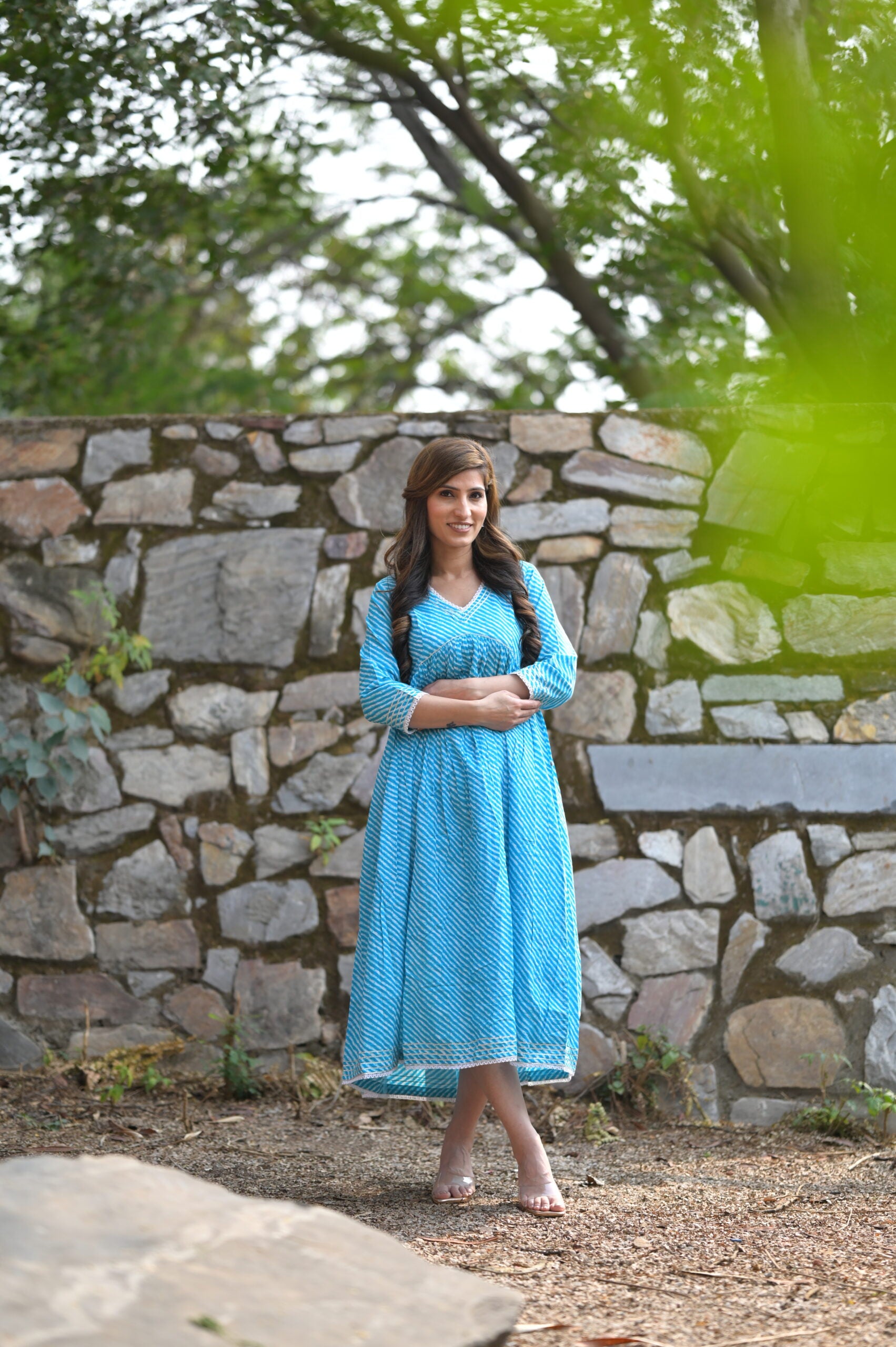 Sky Blue Lehriya  Print Cotton  Long Dress