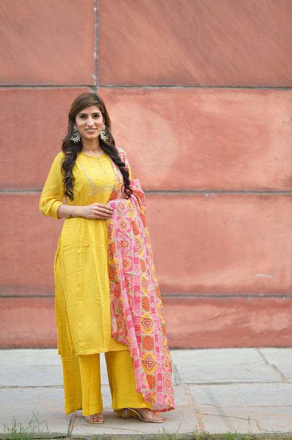 Yellow Crepe Georgette Kurta Plazzo Set