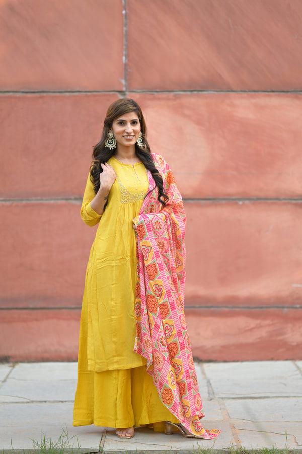 Yellow Crepe Georgette Kurta Plazzo Set