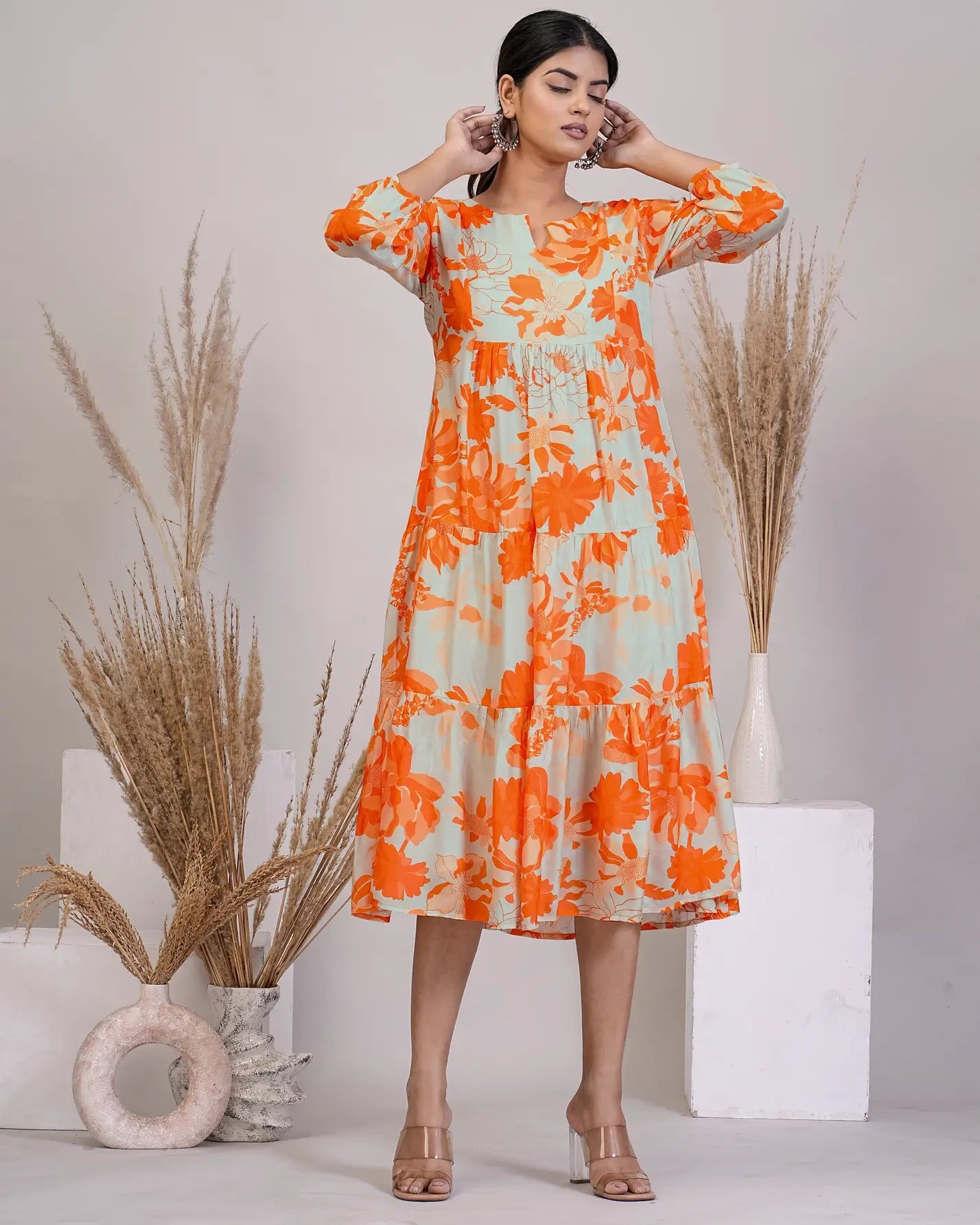 Orange Cotton Silk Frill Dress