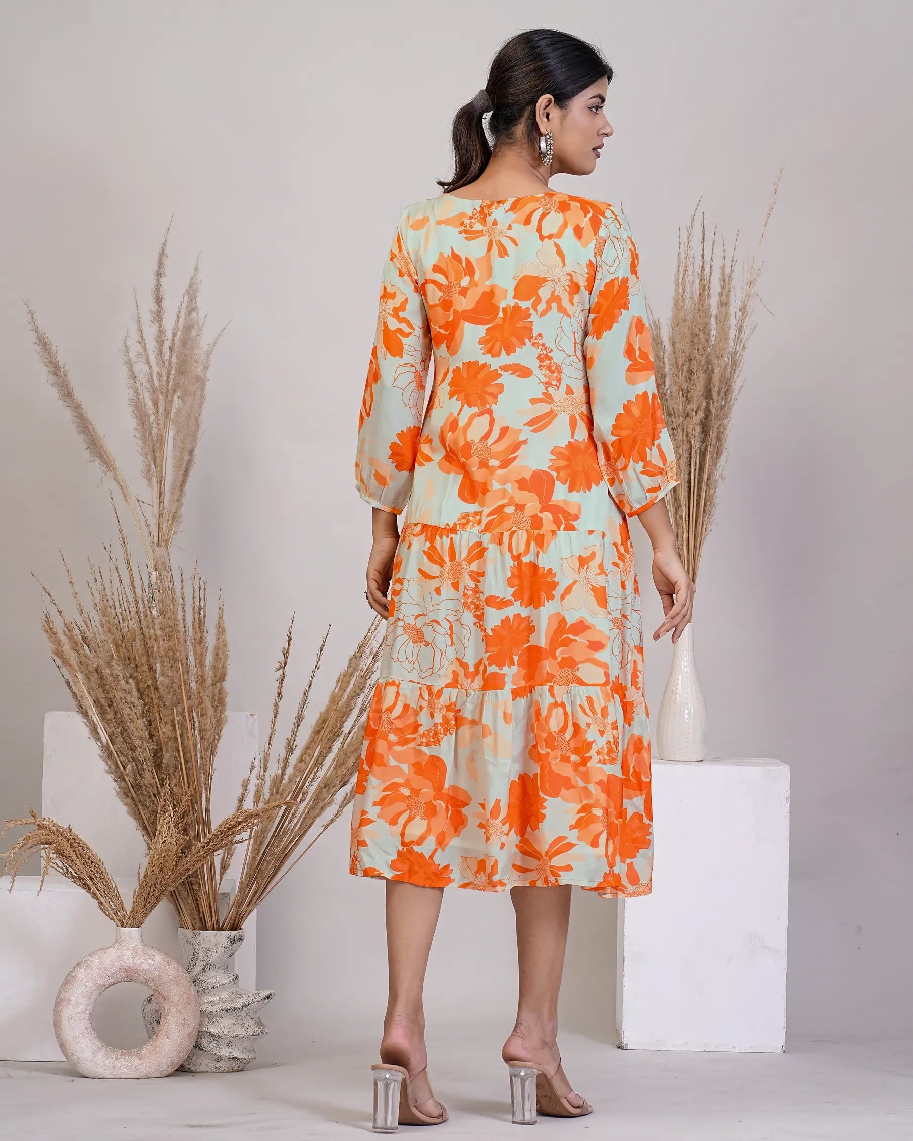 Orange Cotton Silk Frill Dress