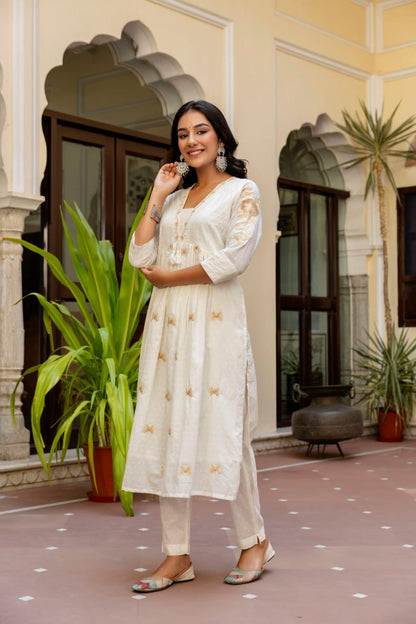 Off White Cotton Kurta Pant Set