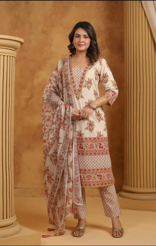 Off White Handblock Dupatta Set