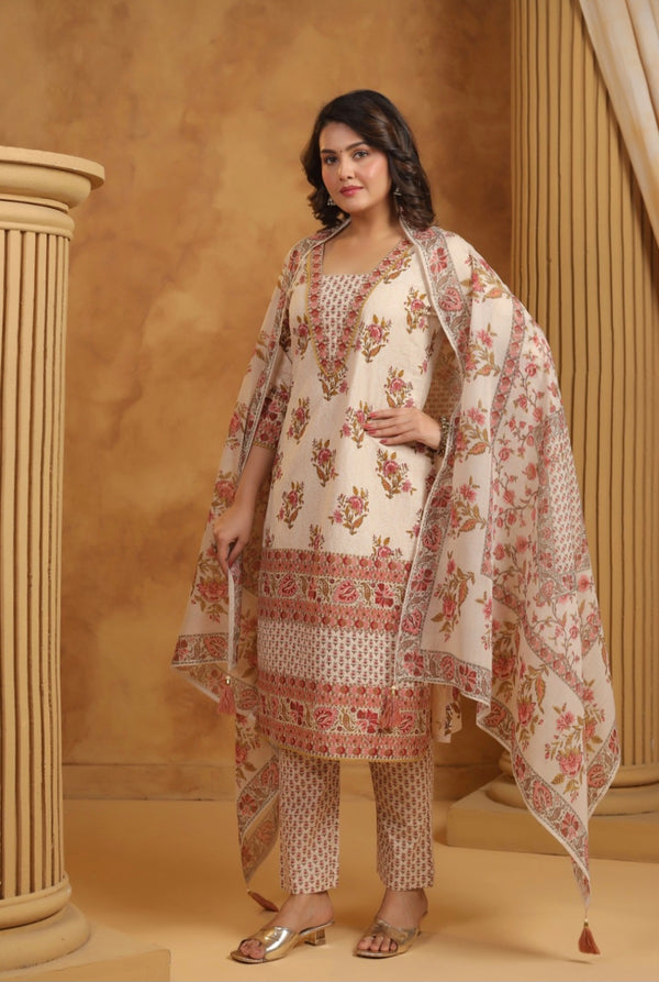 Off White Handblock Dupatta Set