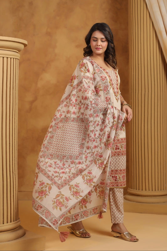 Off White Handblock Dupatta Set