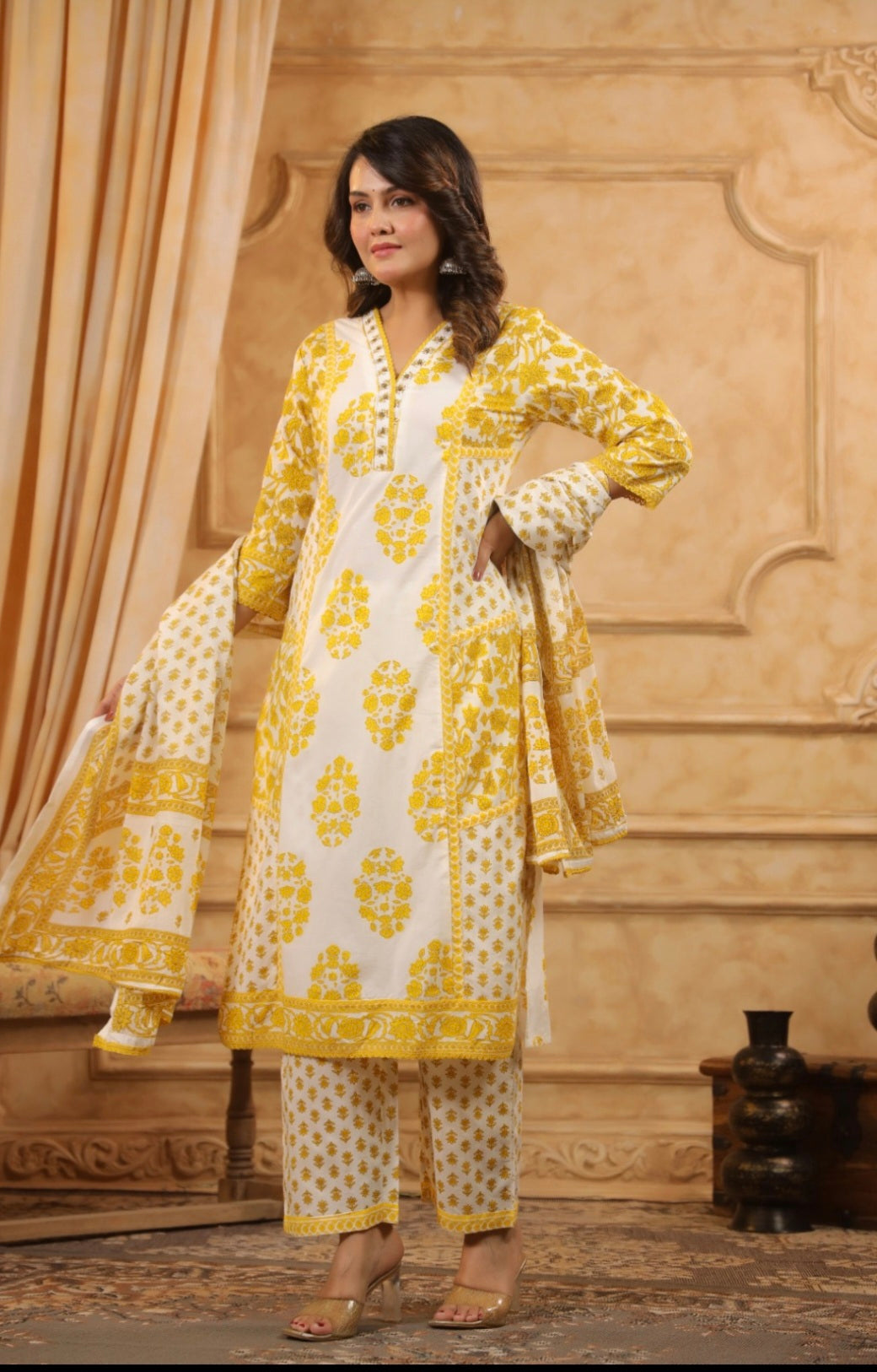 Yellow Handblock Dupatta Set
