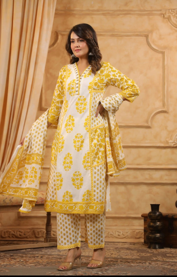 Yellow Handblock Dupatta Set