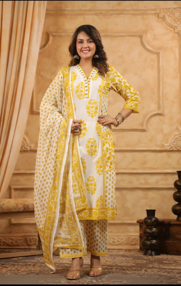 Yellow Handblock Dupatta Set