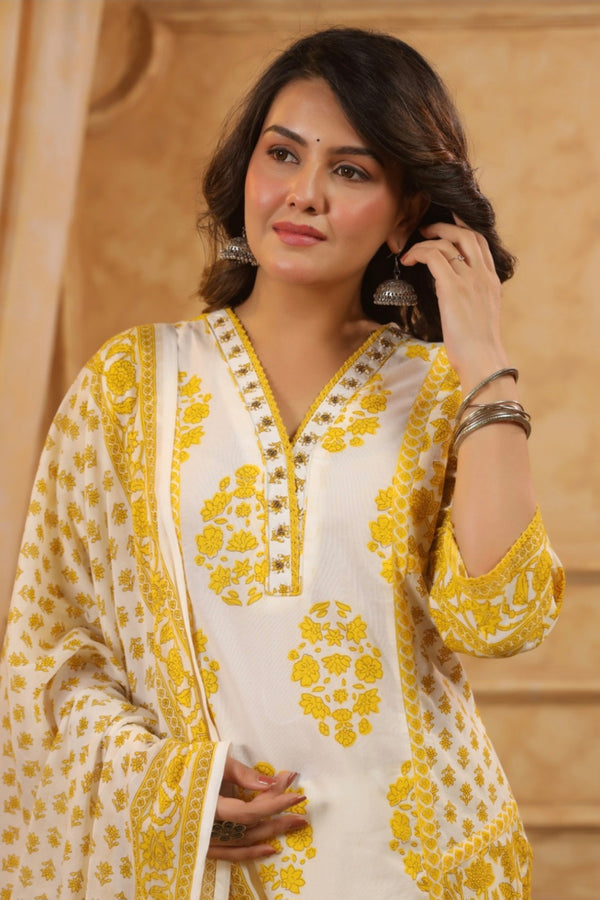 Yellow Handblock Dupatta Set