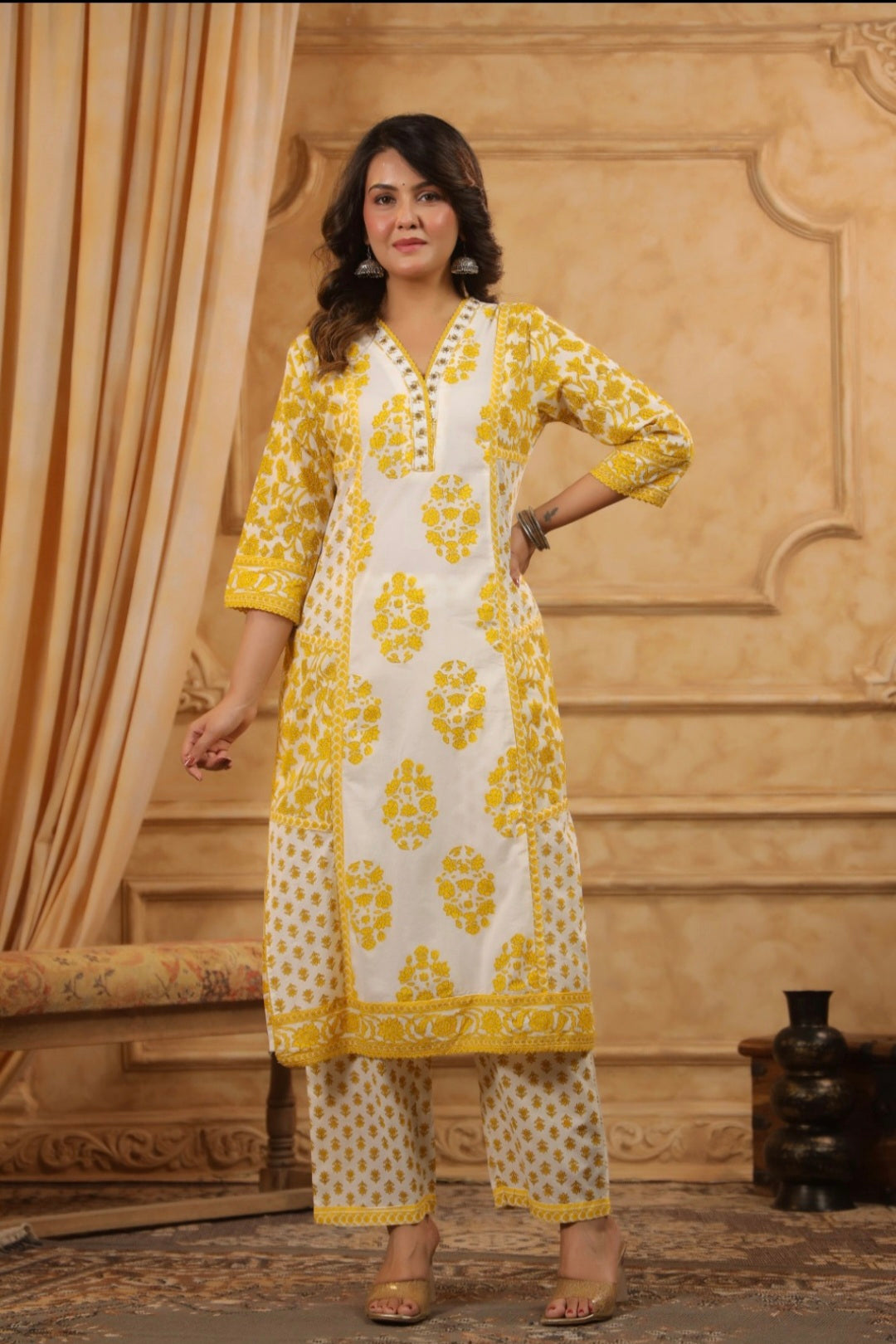 Yellow Handblock Dupatta Set