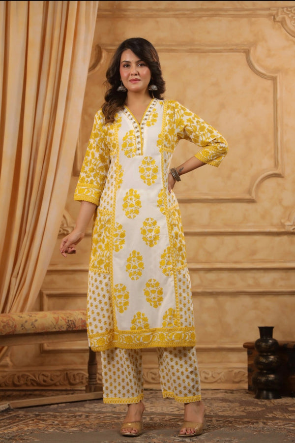 Yellow Handblock Dupatta Set