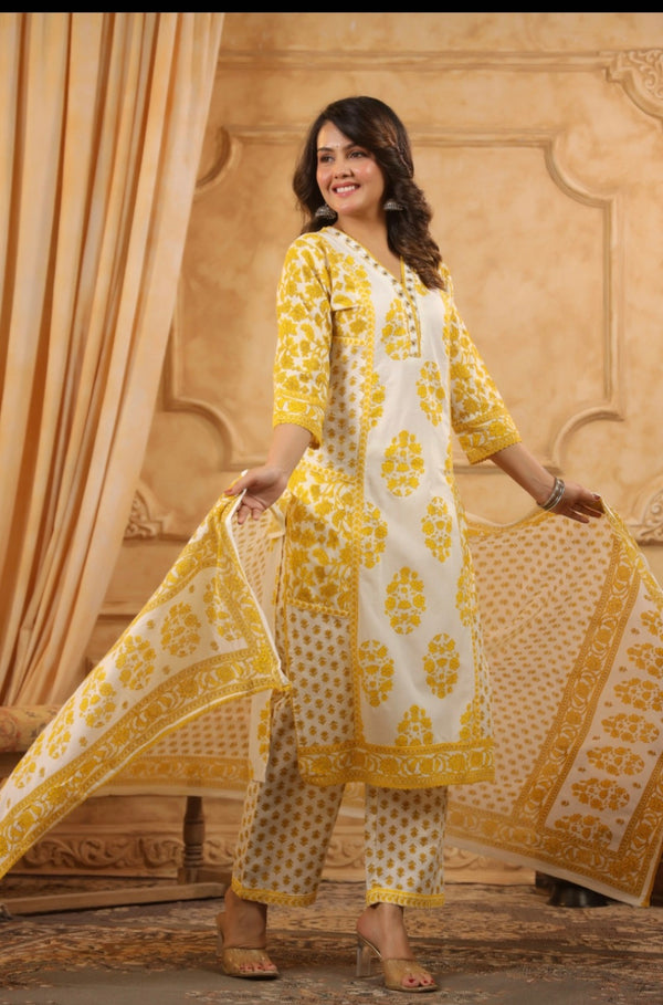 Yellow Handblock Dupatta Set