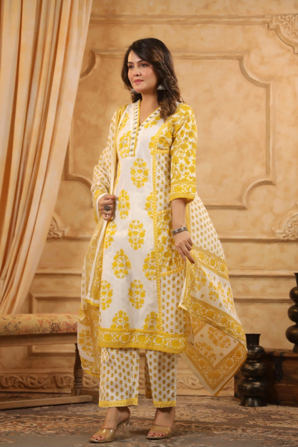 Yellow Handblock Dupatta Set