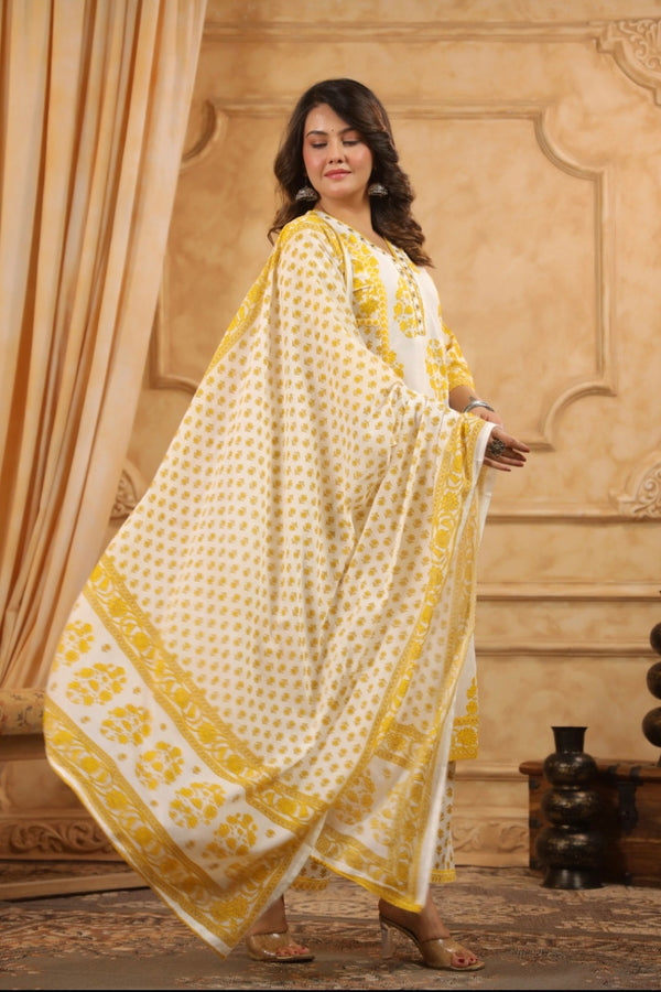 Yellow Handblock Dupatta Set