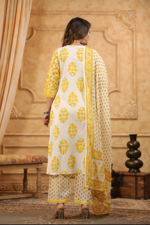 Yellow Handblock Dupatta Set