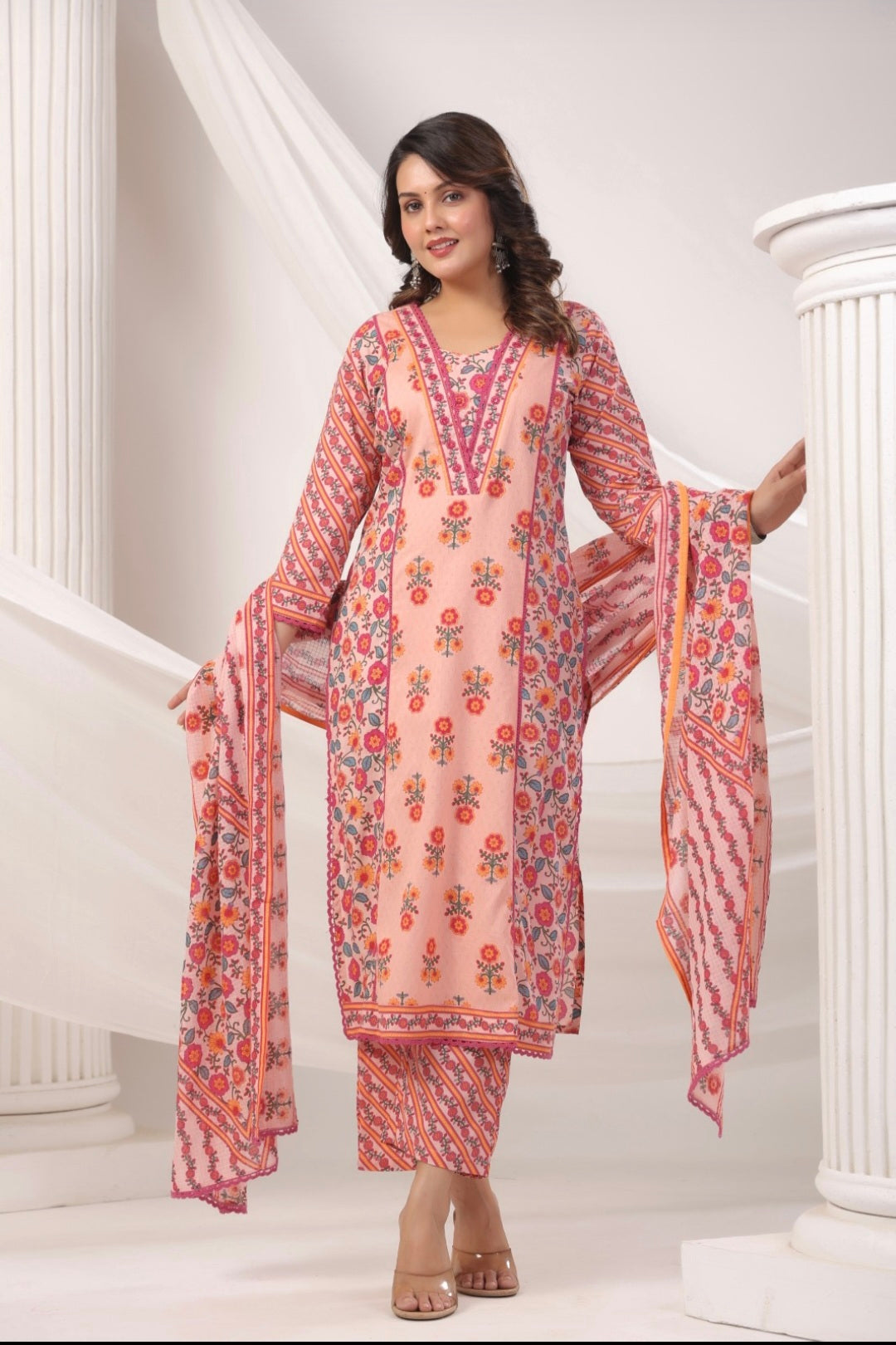 Peach Handblock Dupatta Set