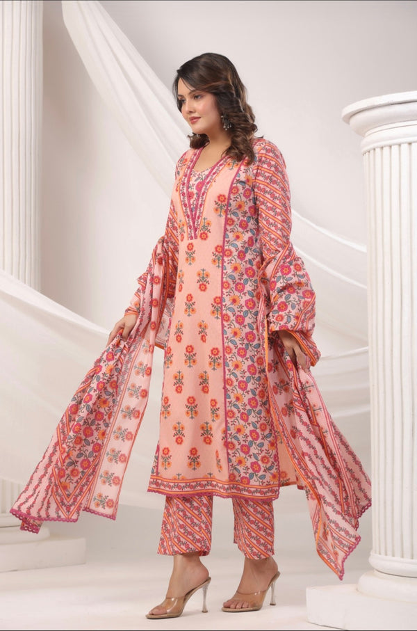 Peach Handblock Dupatta Set