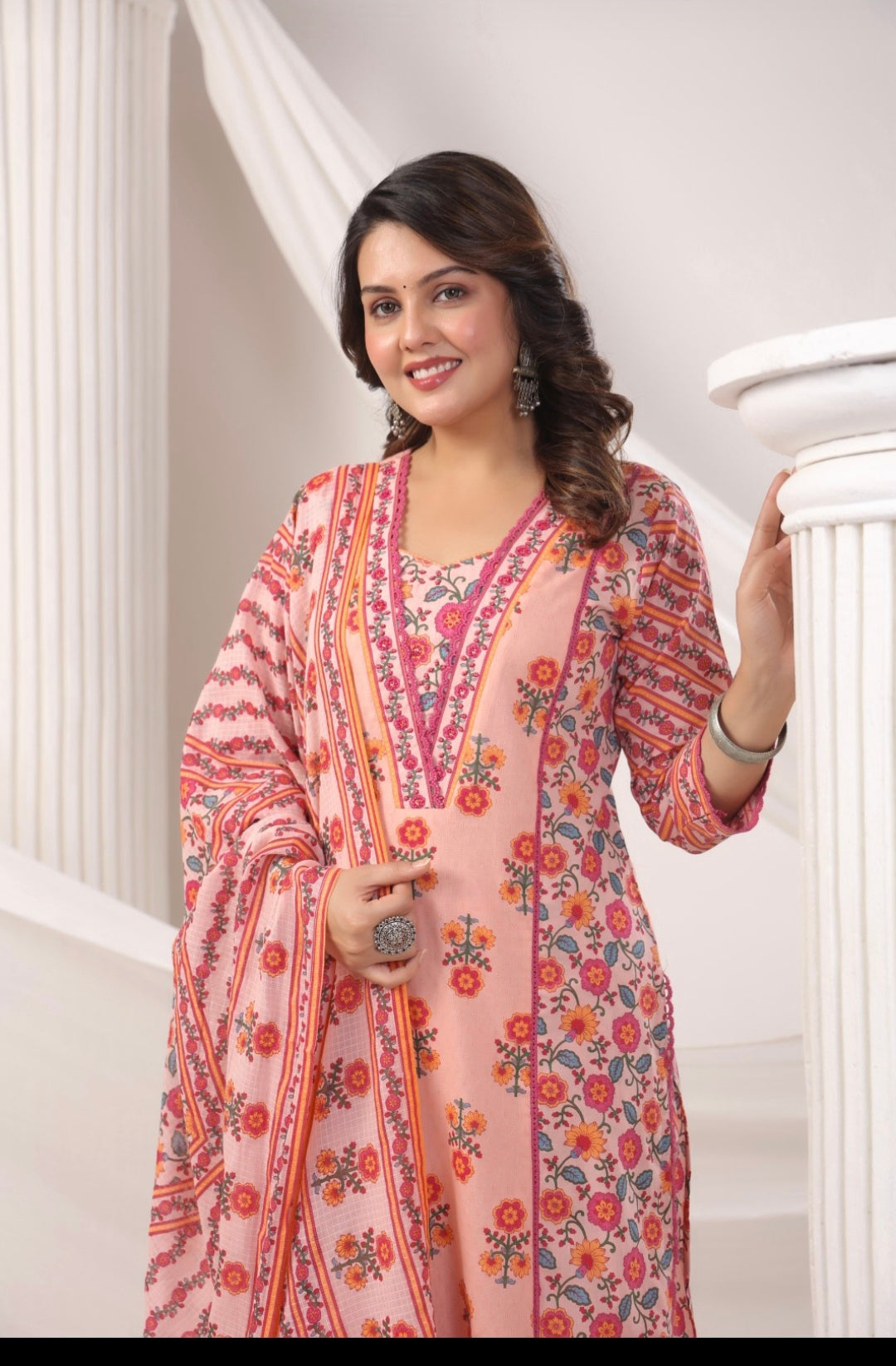 Peach Handblock Dupatta Set