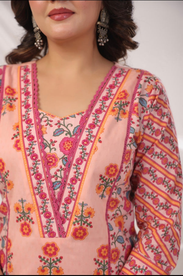 Peach Handblock Dupatta Set