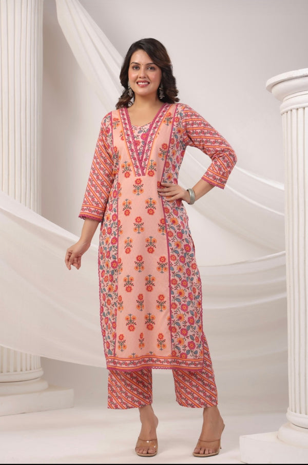 Peach Handblock Dupatta Set