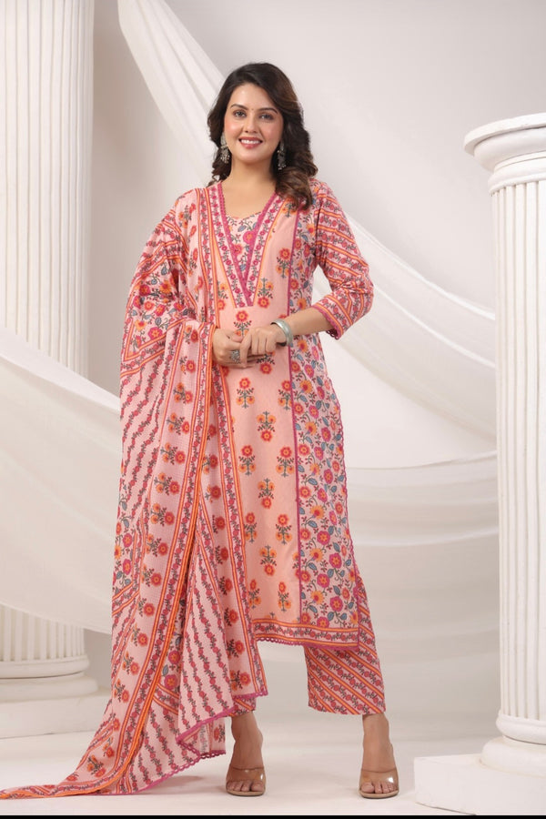 Peach Handblock Dupatta Set