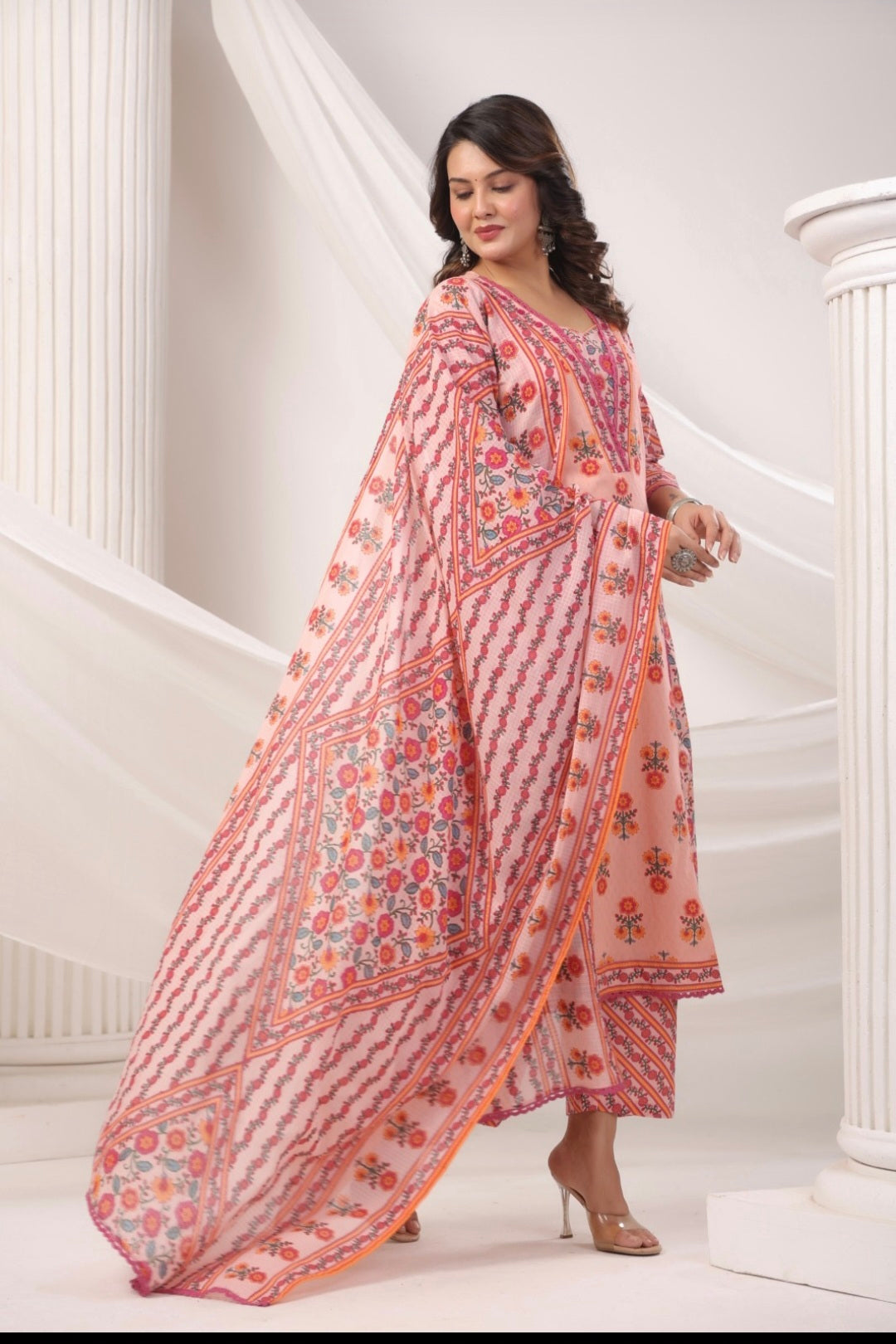 Peach Handblock Dupatta Set