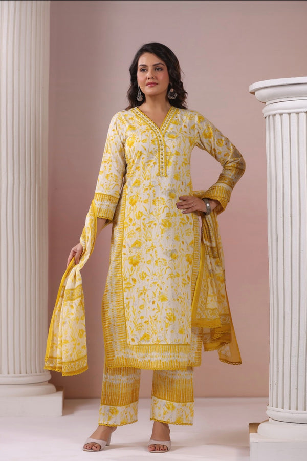 Yellow Floral Dupatta Set