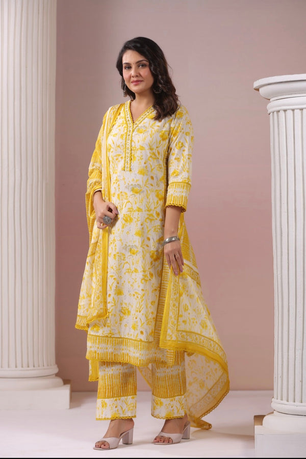 Yellow Floral Dupatta Set