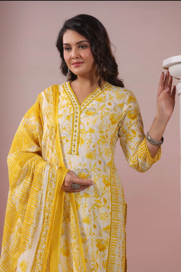 Yellow Floral Dupatta Set