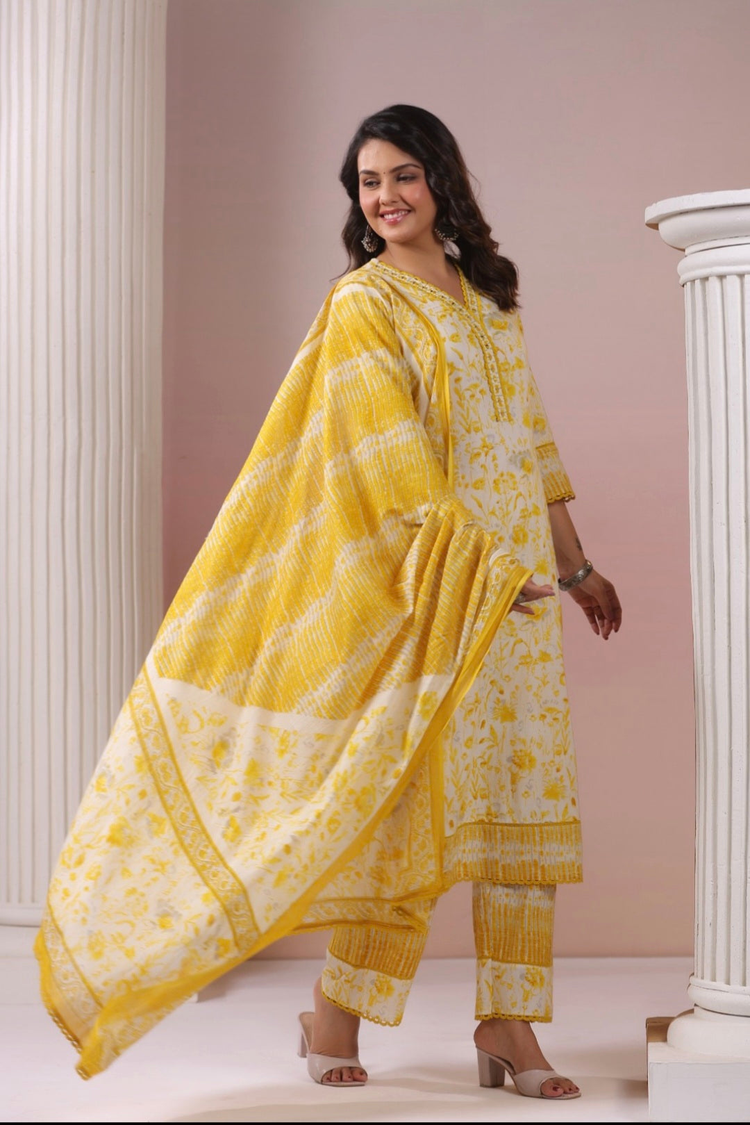 Yellow Floral Dupatta Set