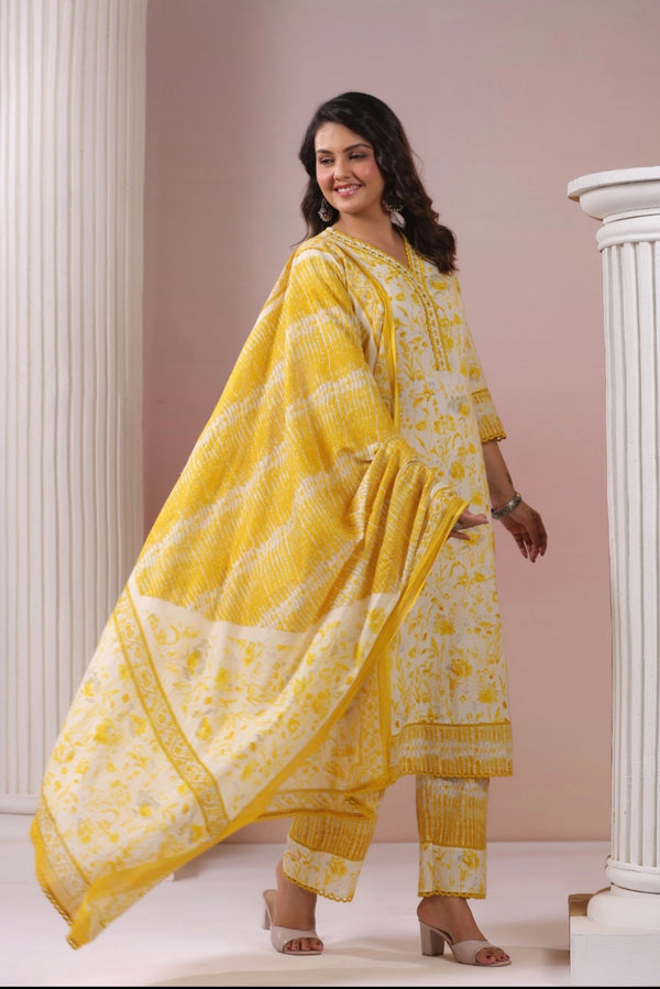 Yellow Floral Dupatta Set