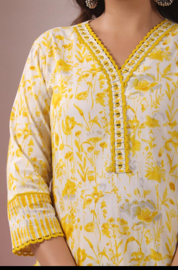 Yellow Floral Dupatta Set