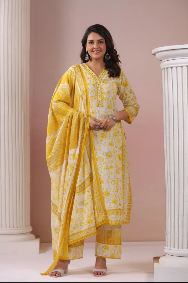 Yellow Floral Dupatta Set