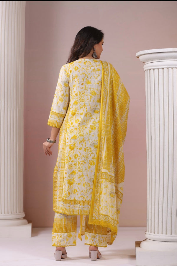 Yellow Floral Dupatta Set